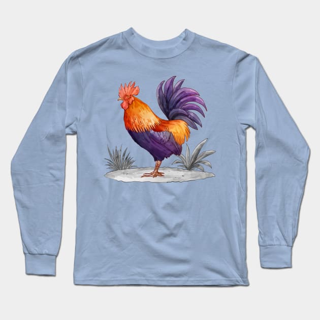 Hand Drawn Cock Watercolor Long Sleeve T-Shirt by Mako Design 